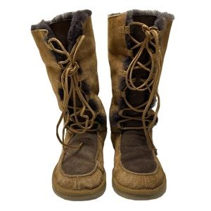 UGG Leather Tall Boots Lace Up Colorblock Brown Tan Sz 7
